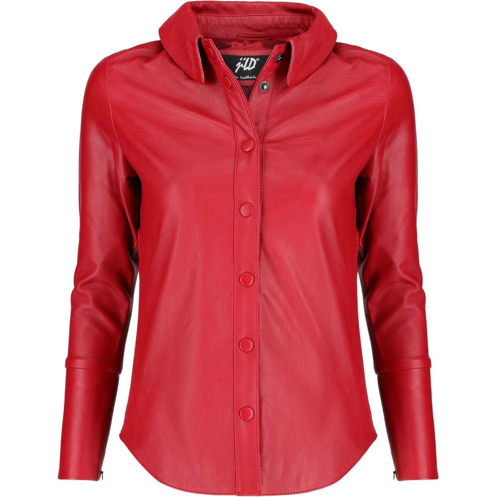 imageJild Casual Shirt Leather Jacket Women Long Sleeve Snap Button Down Soft Lambskin Leather Shacket Regular and Plus SizeRed