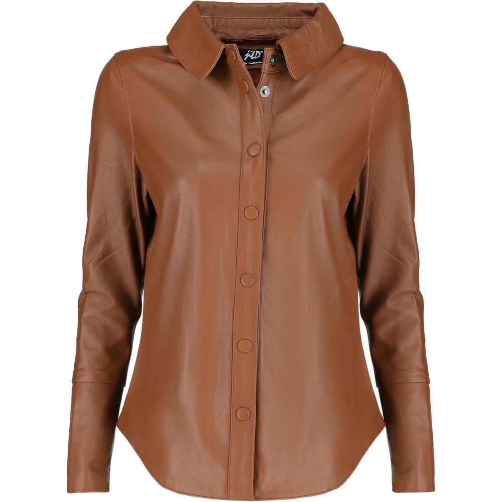 imageJild Casual Shirt Leather Jacket Women Long Sleeve Snap Button Down Soft Lambskin Leather Shacket Regular and Plus SizeTan