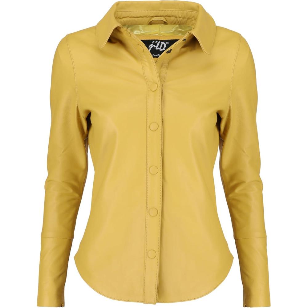 imageJild Casual Shirt Leather Jacket Women  Long Sleeve Snap Button Down Soft Lambskin Leather Shacket Regular and Plus SizeYellow