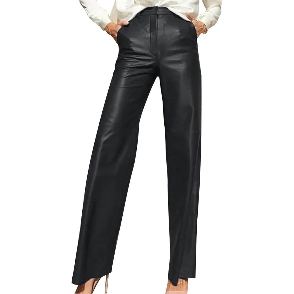 imageLeather Pants for Women Stretch Retro Faux Leather Pants with Pocket High Waisted Straight Leg Pleather Trousers01black