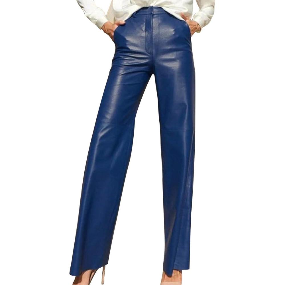 imageLeather Pants for Women Stretch Retro Faux Leather Pants with Pocket High Waisted Straight Leg Pleather Trousers01blue