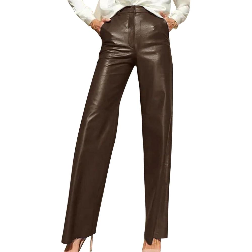 imageLeather Pants for Women Stretch Retro Faux Leather Pants with Pocket High Waisted Straight Leg Pleather Trousers01brown