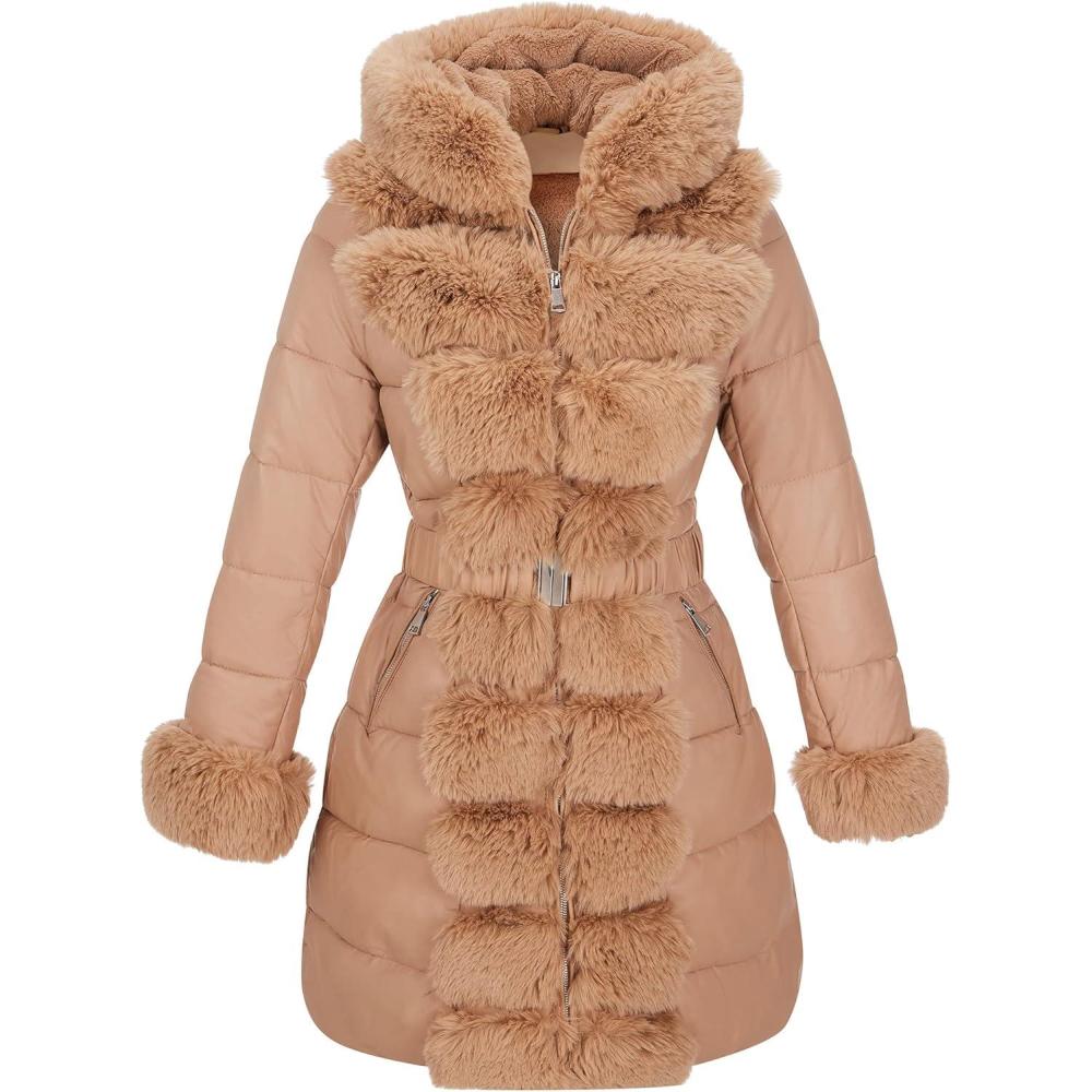 imageRISISSIDA Women Winter Fur Lined CoatPuffer Jacket with Long Fur Trim HoodedWarm Leather Bubble Overcoat ColdresistantApricot