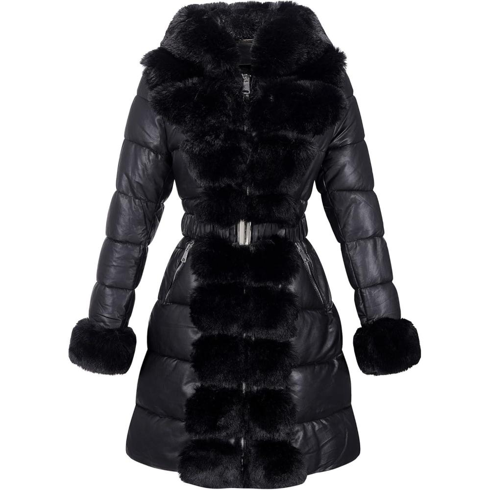 imageRISISSIDA Women Winter Fur Lined CoatPuffer Jacket with Long Fur Trim HoodedWarm Leather Bubble Overcoat ColdresistantBlack