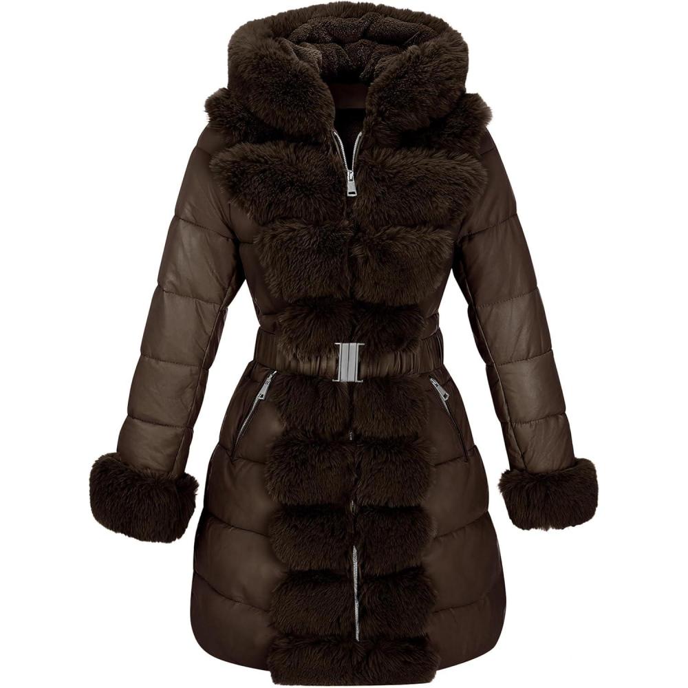 imageRISISSIDA Women Winter Fur Lined CoatPuffer Jacket with Long Fur Trim HoodedWarm Leather Bubble Overcoat ColdresistantBrown
