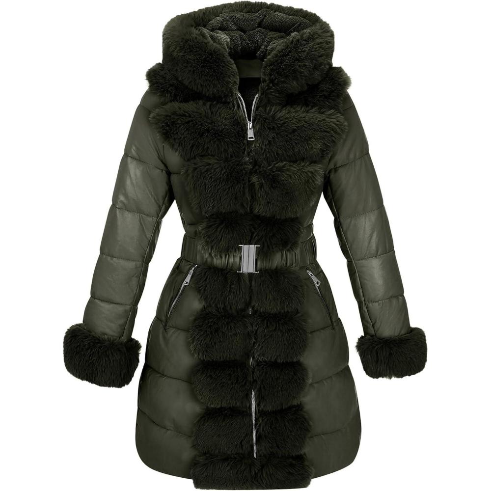 imageRISISSIDA Women Winter Fur Lined CoatPuffer Jacket with Long Fur Trim HoodedWarm Leather Bubble Overcoat ColdresistantGreen
