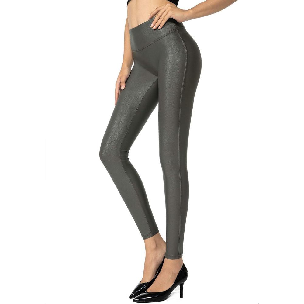 imageSANTINY Womens 25527 Faux Leather Leggings Pants Stretch High Waisted Tights for WomenOlive Green