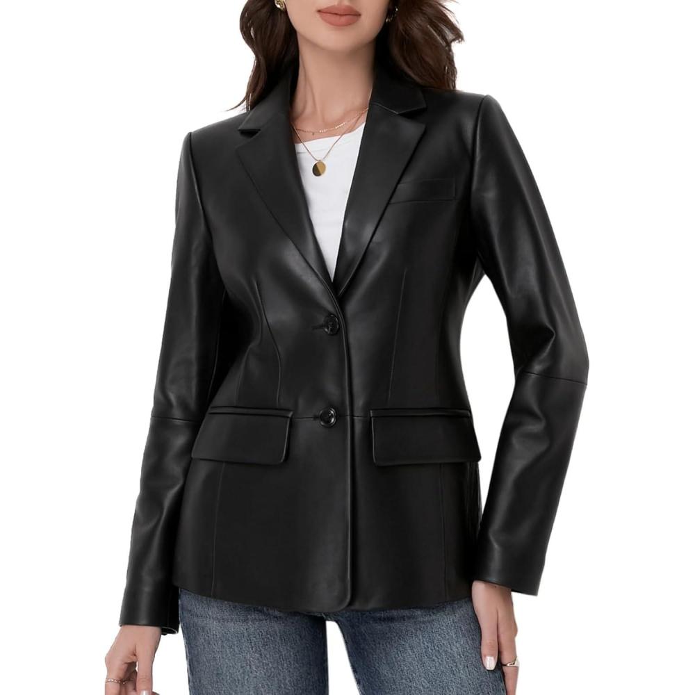 imageSILVER FASHIONS Lambskin Leather Jacket WomenLong Sleeve Button Front Leather BlazerNotched Lapel Casual StyleVent DetailBlack