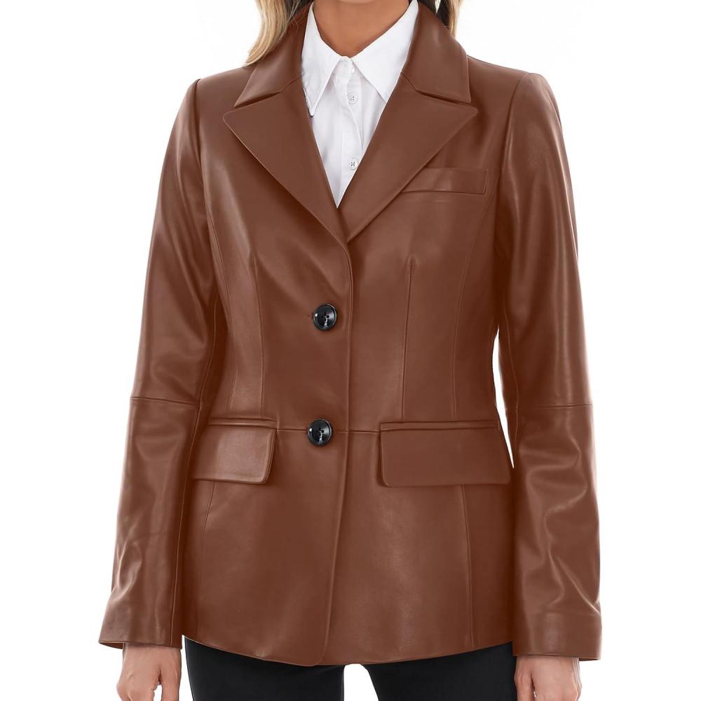 imageSILVER FASHIONS Lambskin Leather Jacket WomenLong Sleeve Button Front Leather BlazerNotched Lapel Casual StyleVent DetailBrown