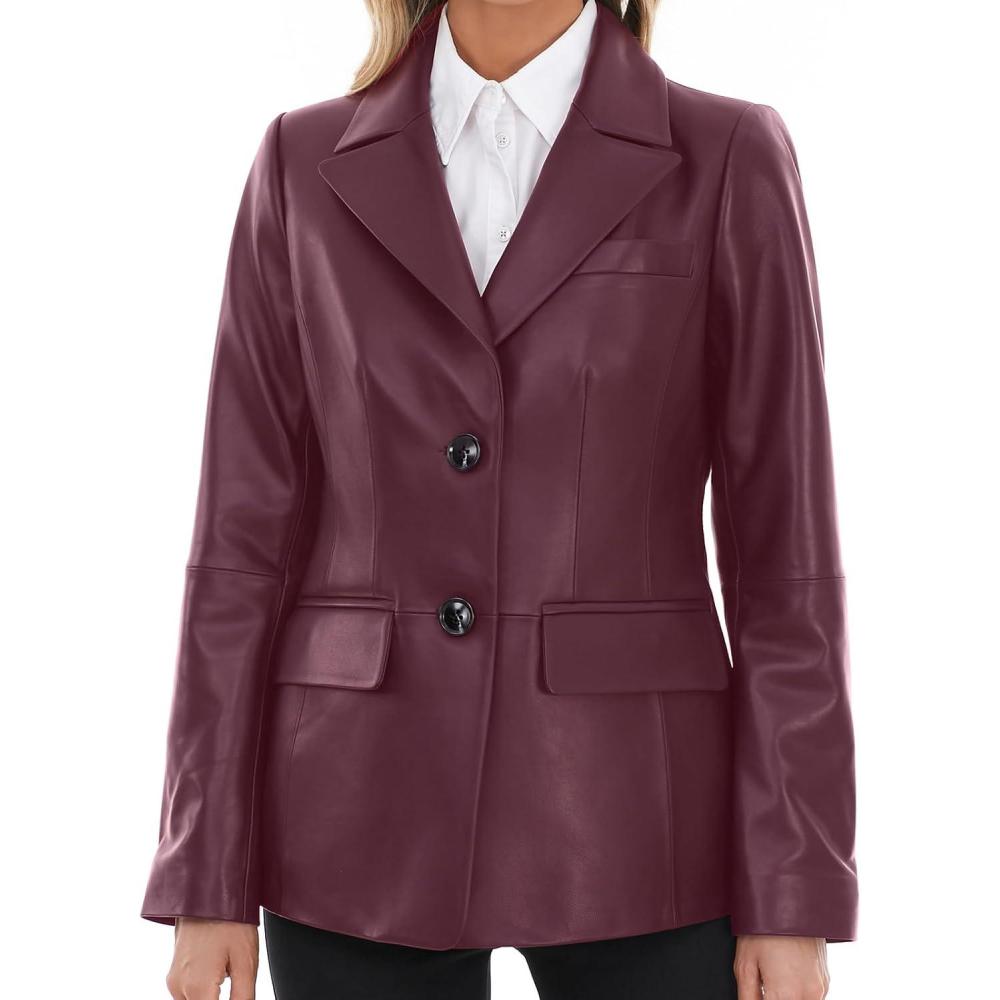 imageSILVER FASHIONS Lambskin Leather Jacket WomenLong Sleeve Button Front Leather BlazerNotched Lapel Casual StyleVent DetailBurgundy