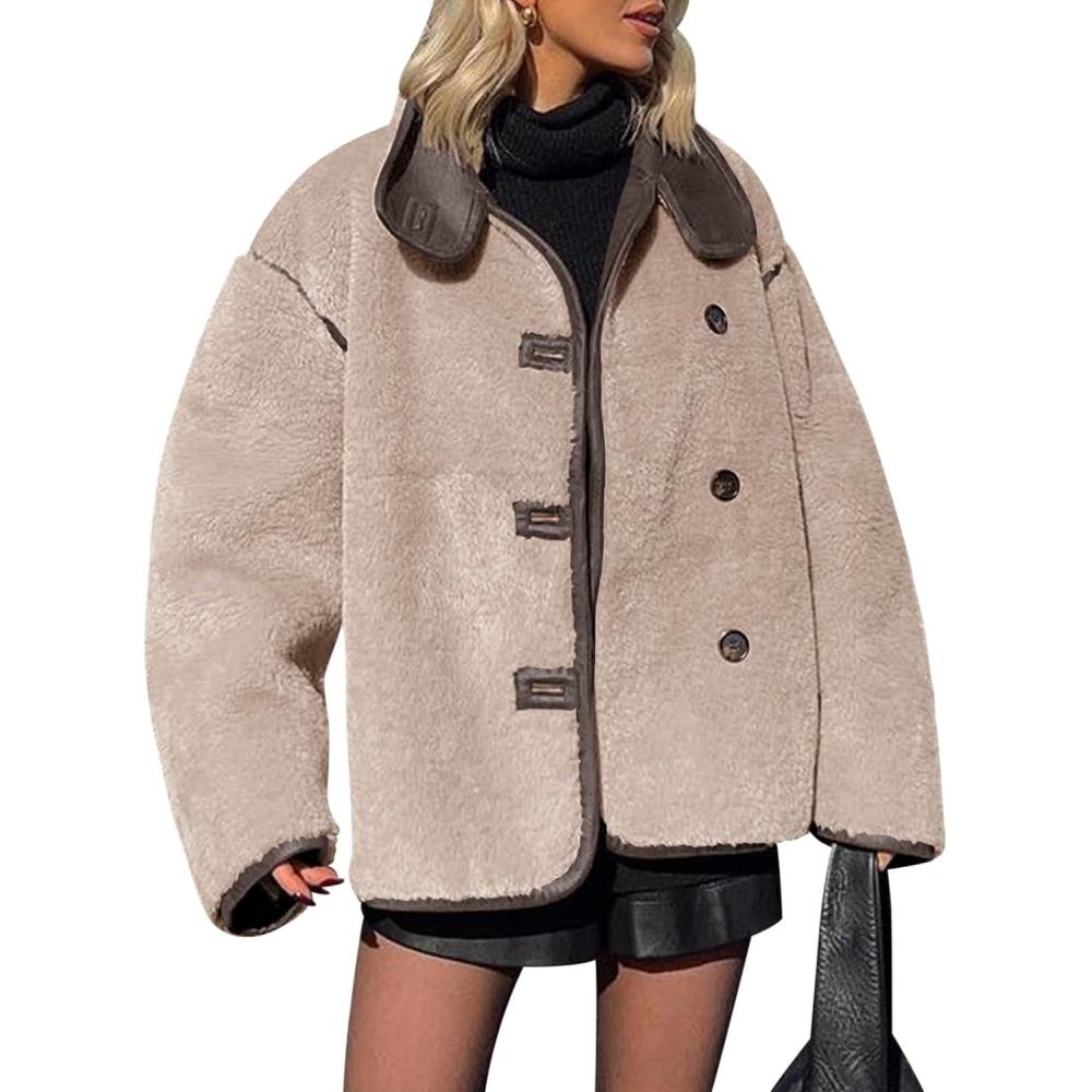 imageTankaneo Womens Faux Fur Jackets Warm Winter Casual Button Down Stand Collar Long Sleeve Shaggy Outwear CoatsDark Khaki