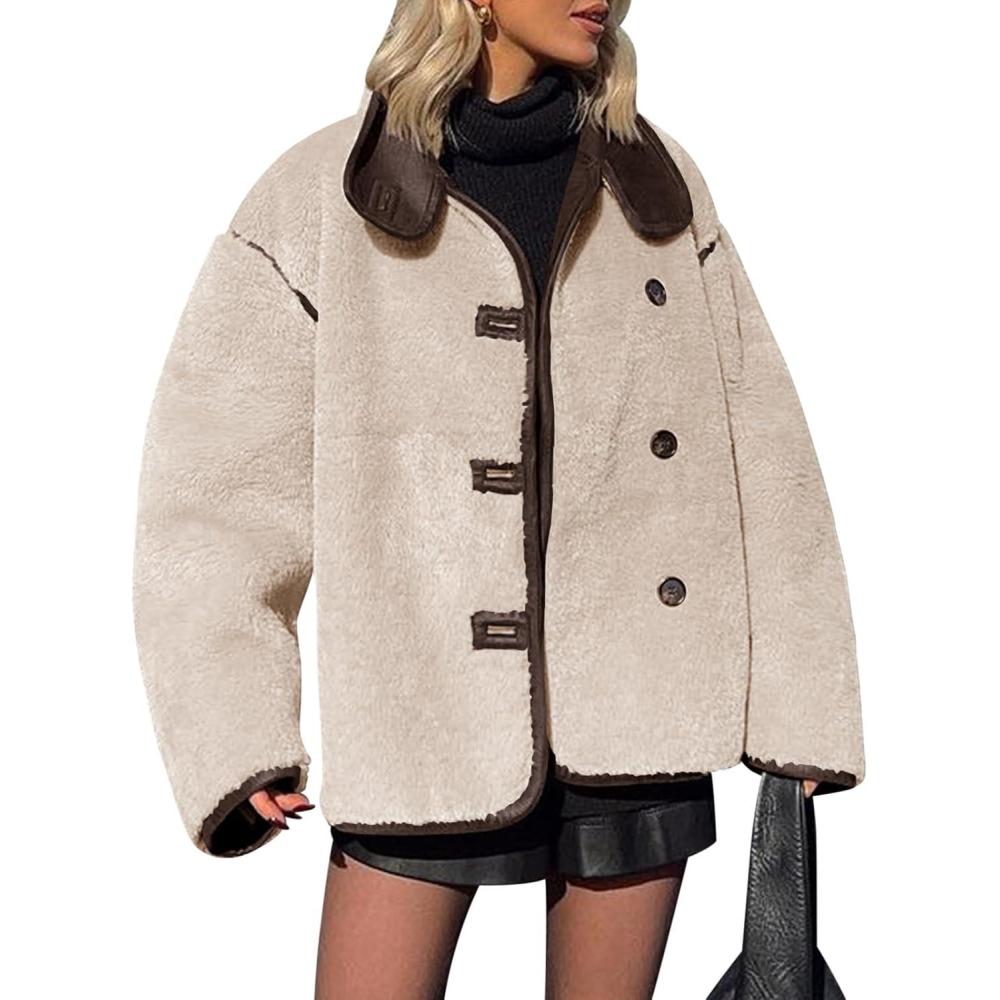 imageTankaneo Womens Faux Fur Jackets Warm Winter Casual Button Down Stand Collar Long Sleeve Shaggy Outwear CoatsKhaki