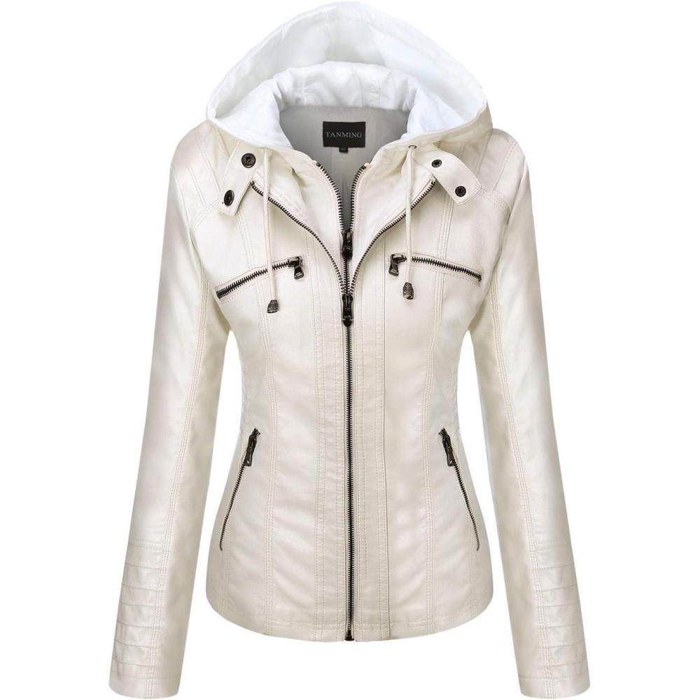 imageTanming Womens Faux Leather Jacket Hooded Moto Biker Coat Outerwear Fall Fashion Outfits Winter ClothesCream White