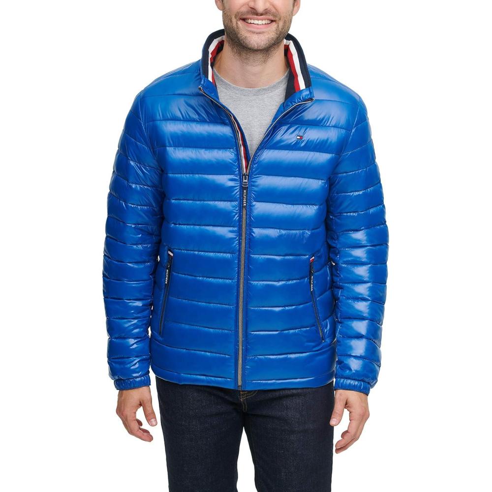 imageTommy Hilfiger mens Wetlook Lightweight Puffer JacketNew Royal Wet Look