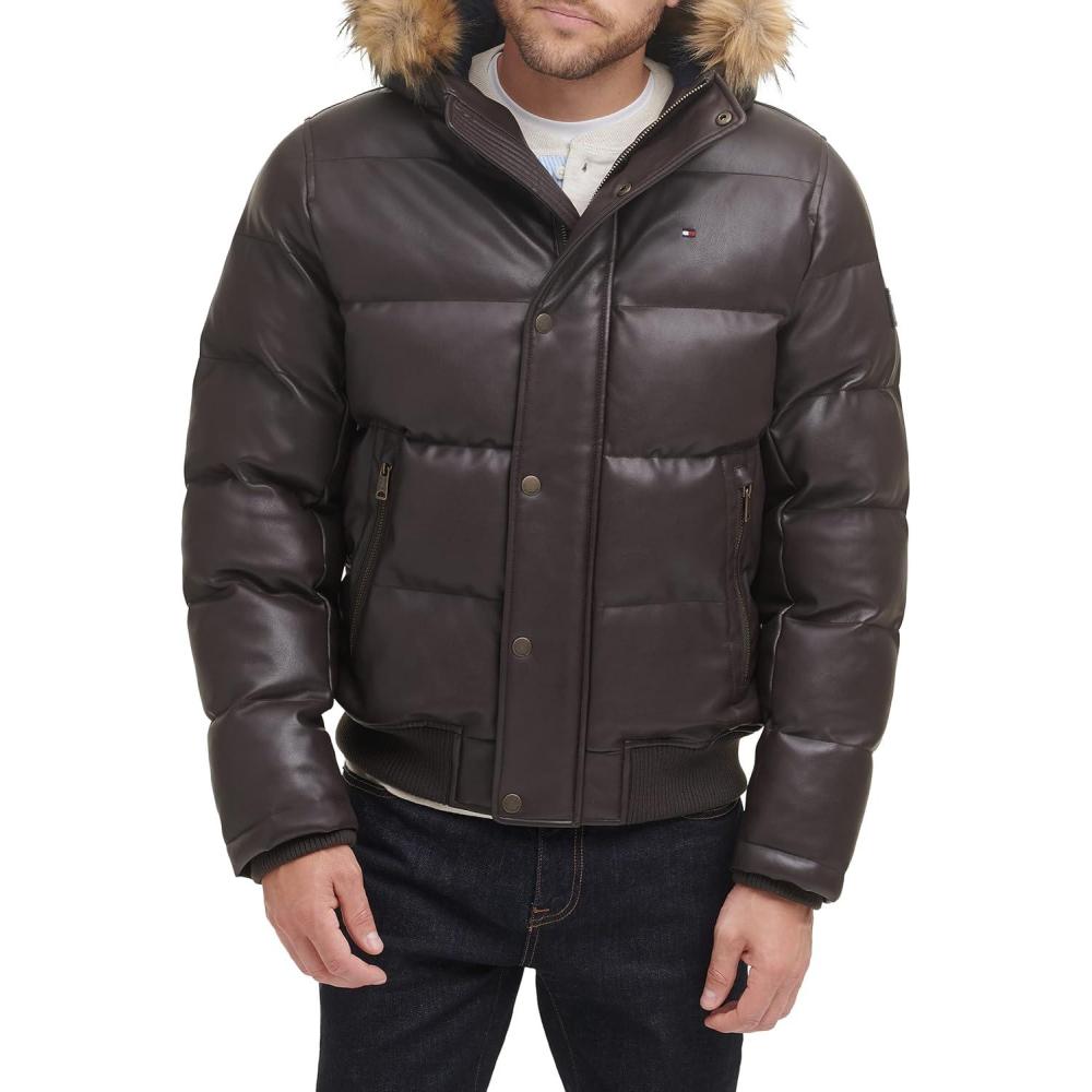 imageTommy Hilfiger mens Wetlook Lightweight Puffer JacketSaddle Faux Leather