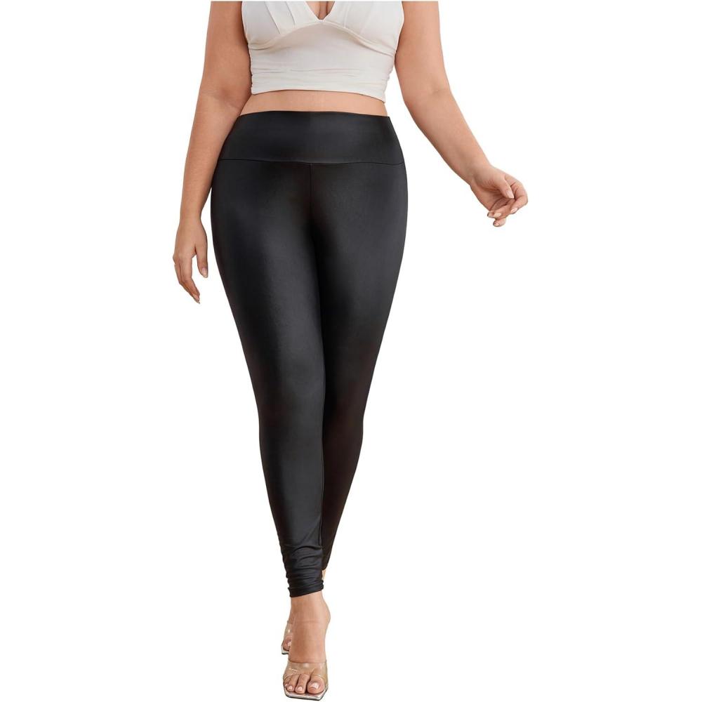 imageWDIRARA Womens Plus Size High Waisted PU Leather Stretchy Leggings Skinny PantsBlack