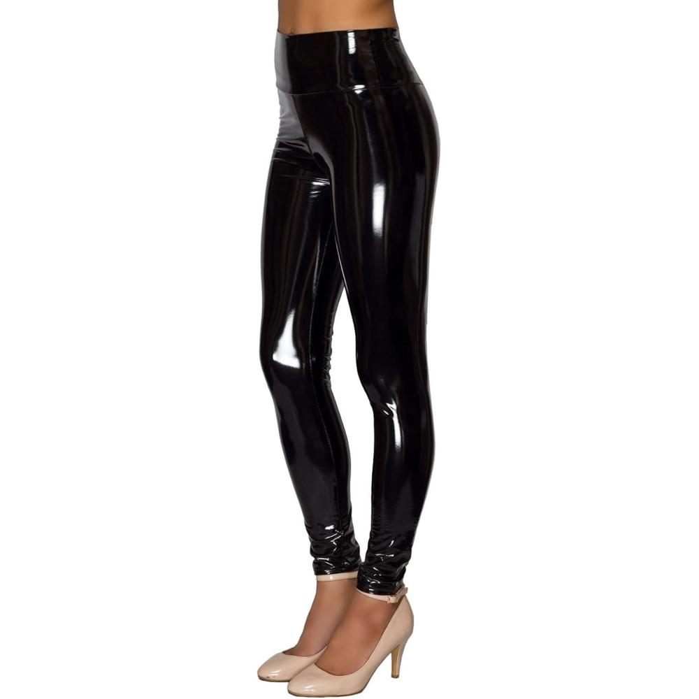 imageWomen Mirror Faux Patent Leather Leggings Wet Look Reflective Shiny Stretch Tighten Pants High Waist SlimBlack