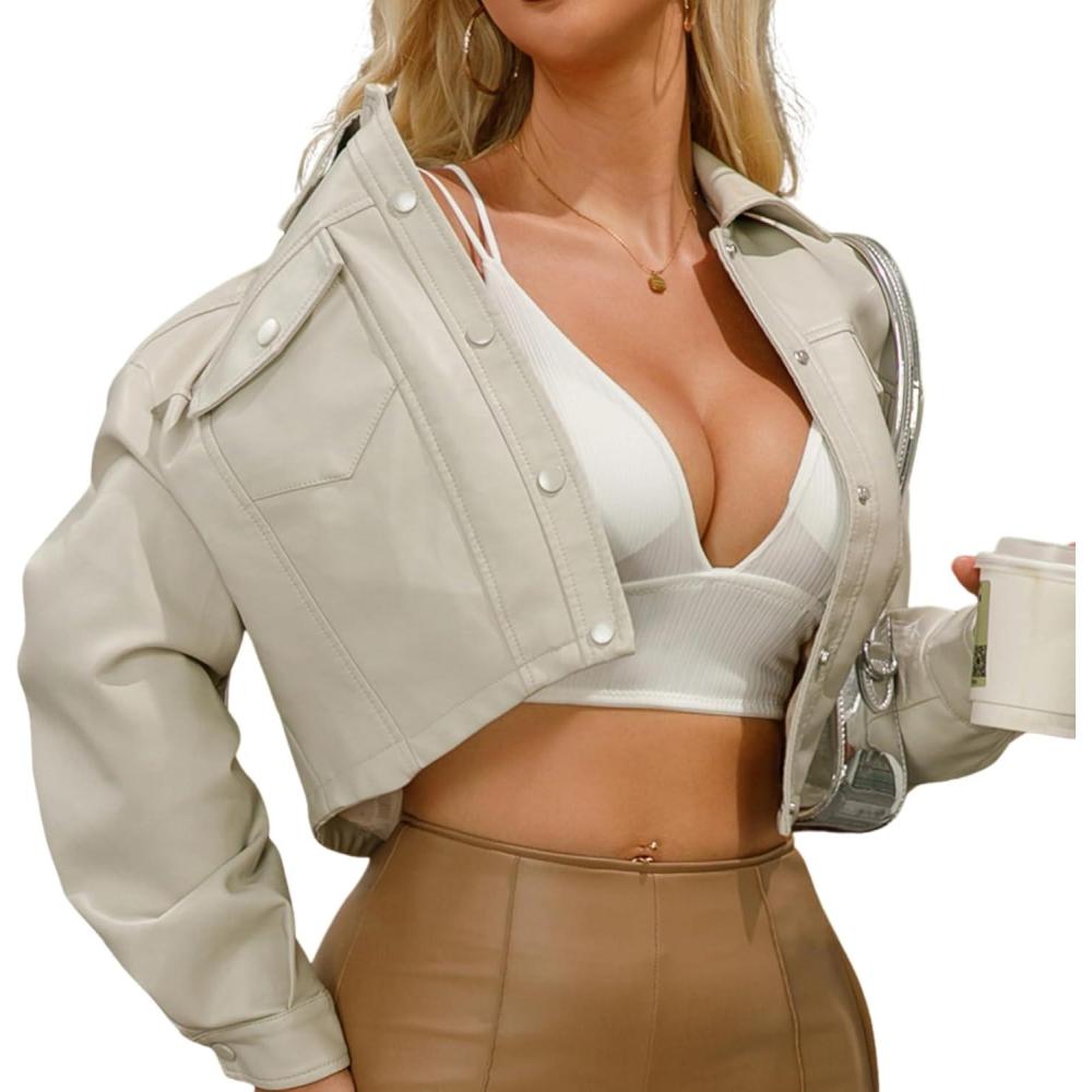 imageWomens Faux Leather Jacket Classic ButtonDown Style Cropped Length with Front Pockets PU Moto Bike Outwear CoatWhite