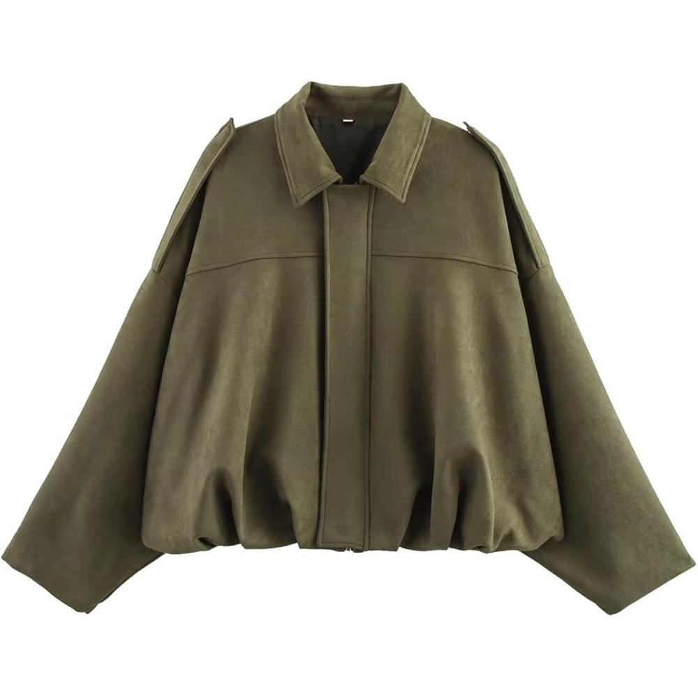 imageWomens Faux Suede Bomber Jacket Oversized Pilot Coats Fall Lapel Zip Up Motorcycle Streetwear OuterwearArmy Green