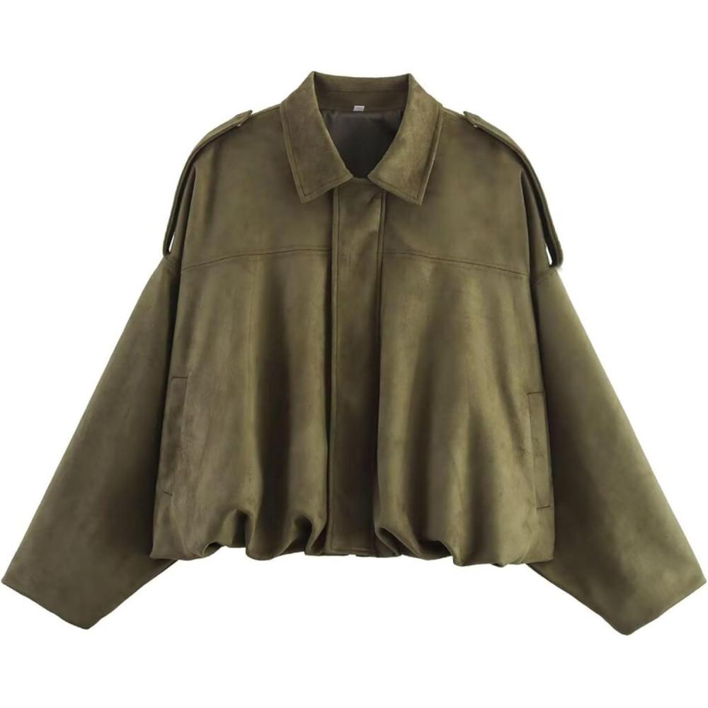imageWomens Faux Suede Bomber Jacket Oversized Pilot Coats Fall Lapel Zip Up Motorcycle Streetwear OuterwearPocket Army Green