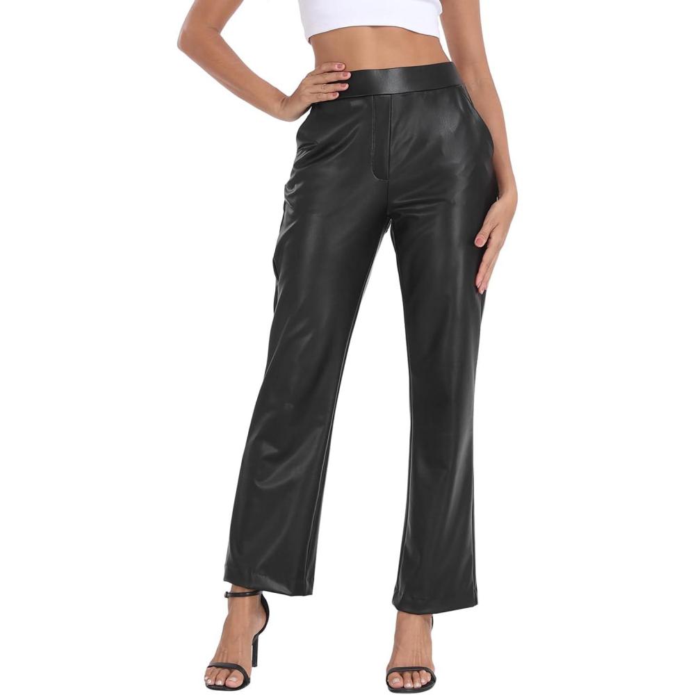 imageWomens Pull On Faux Leather Pants Black High Waisted PU Leather Kick Flare Pants with PocketsBlack