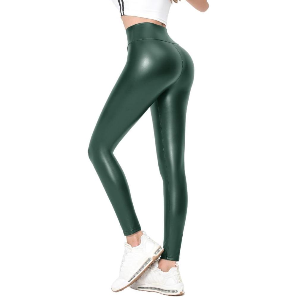 imageWomens White PU Faux Leather Leggings High Waisted Yoga Pants for Women Stretchy Sexy TightsGreen