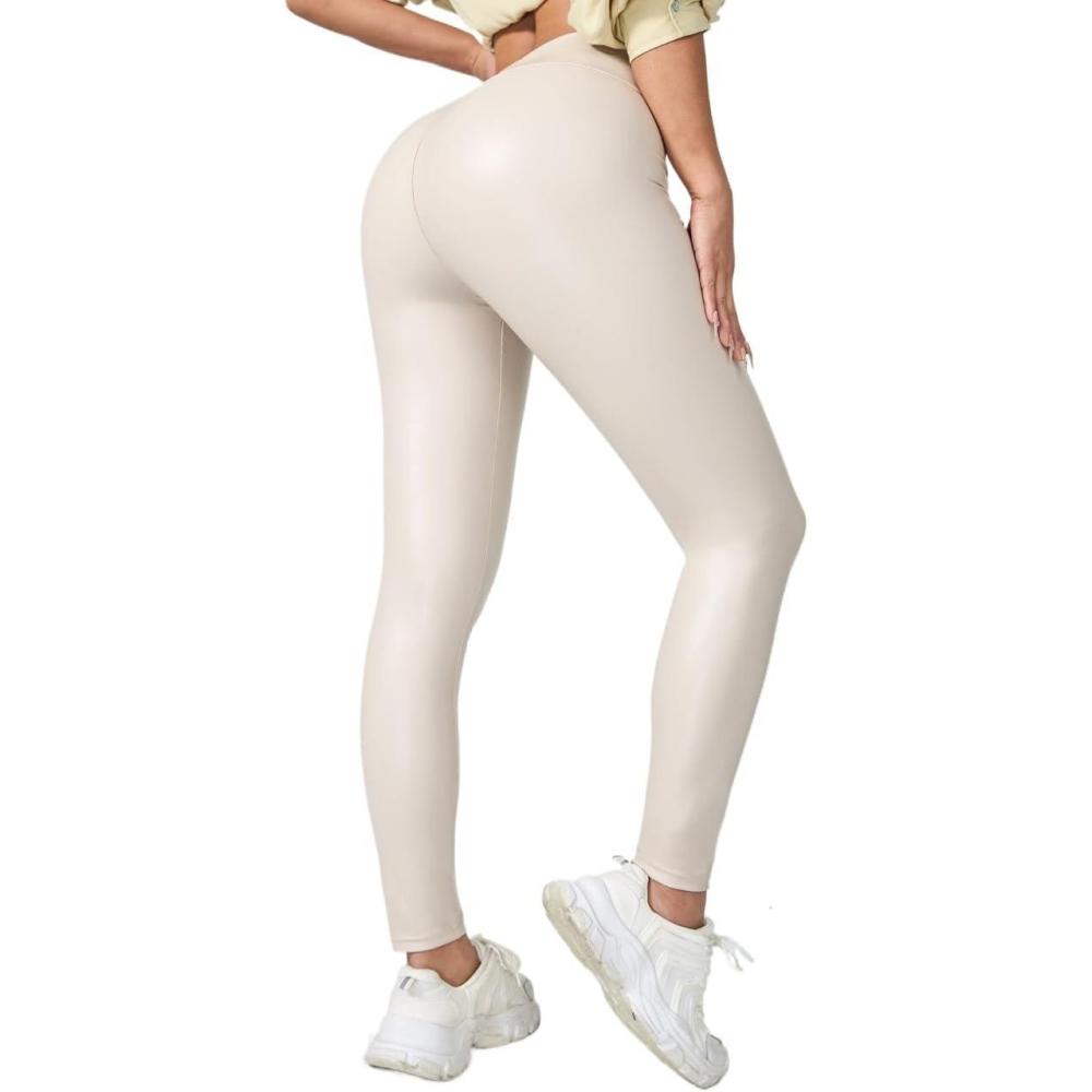 imageWomens White PU Faux Leather Leggings High Waisted Yoga Pants for Women Stretchy Sexy TightsWhite