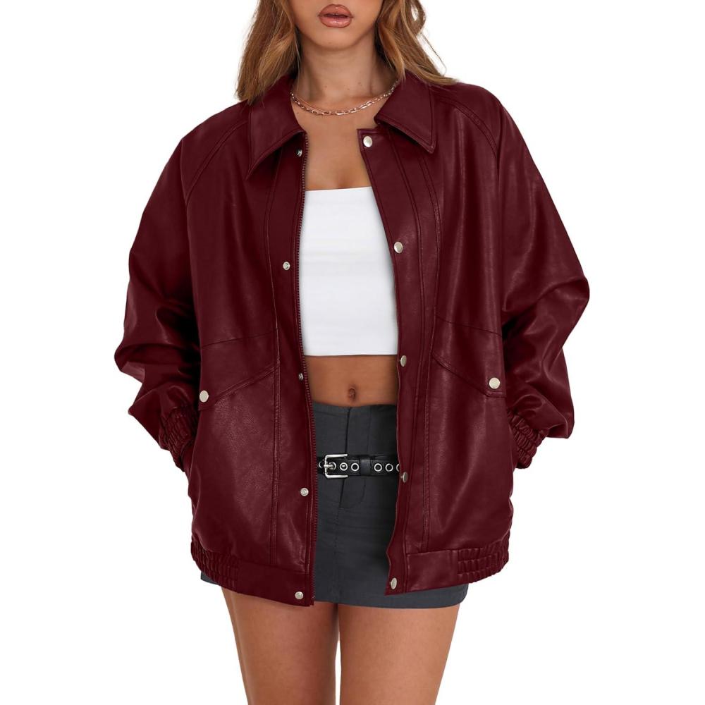 imageXIEERDUO Leather Jacket Women Fall Outfits 2025 Oversized Motorcycle Y2K Clothes Faux Leather Pocket Winter Coats Zip UpBurgundy