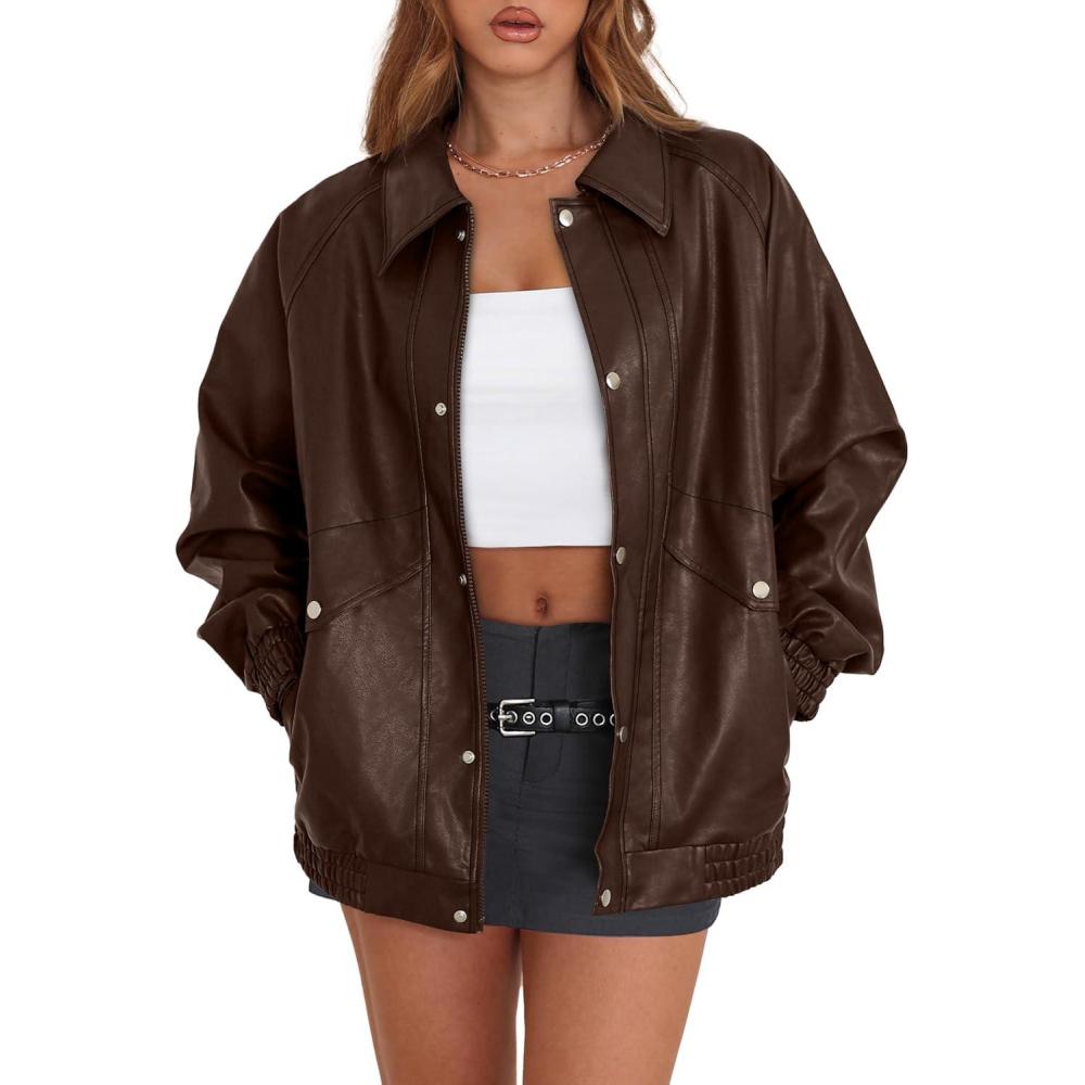 imageXIEERDUO Leather Jacket Women Fall Outfits 2025 Oversized Motorcycle Y2K Clothes Faux Leather Pocket Winter Coats Zip UpDark Brown