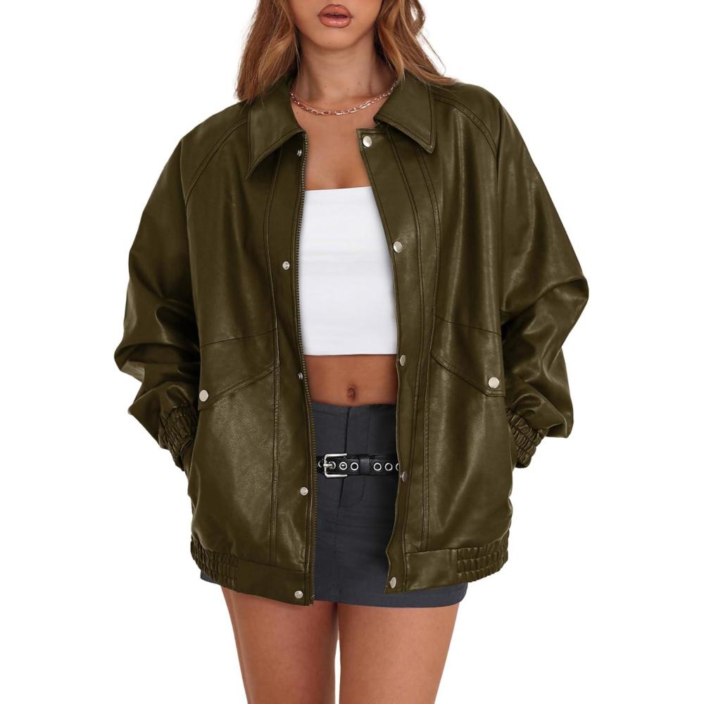 imageXIEERDUO Leather Jacket Women Fall Outfits 2025 Oversized Motorcycle Y2K Clothes Faux Leather Pocket Winter Coats Zip UpOlive Green