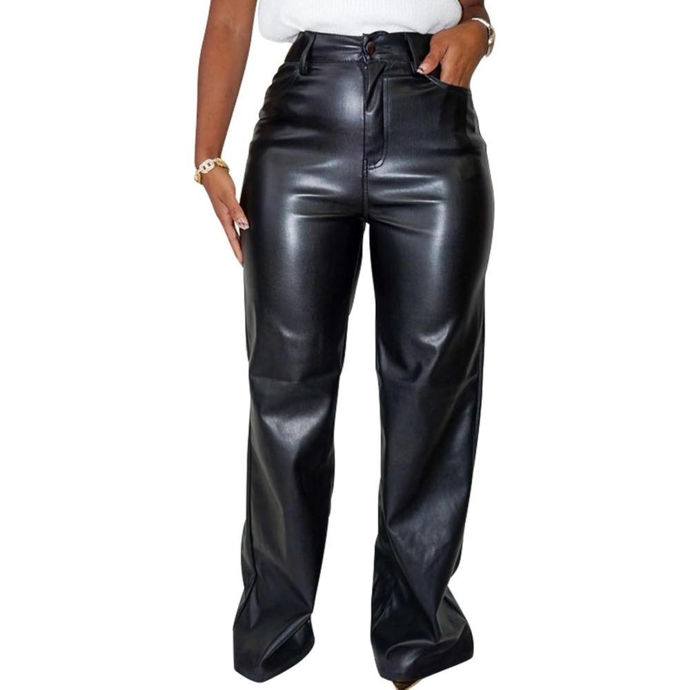 imagehibshaby Faux Leather Pants for Women High Waisted Straight Leg Long PantsLoose Black