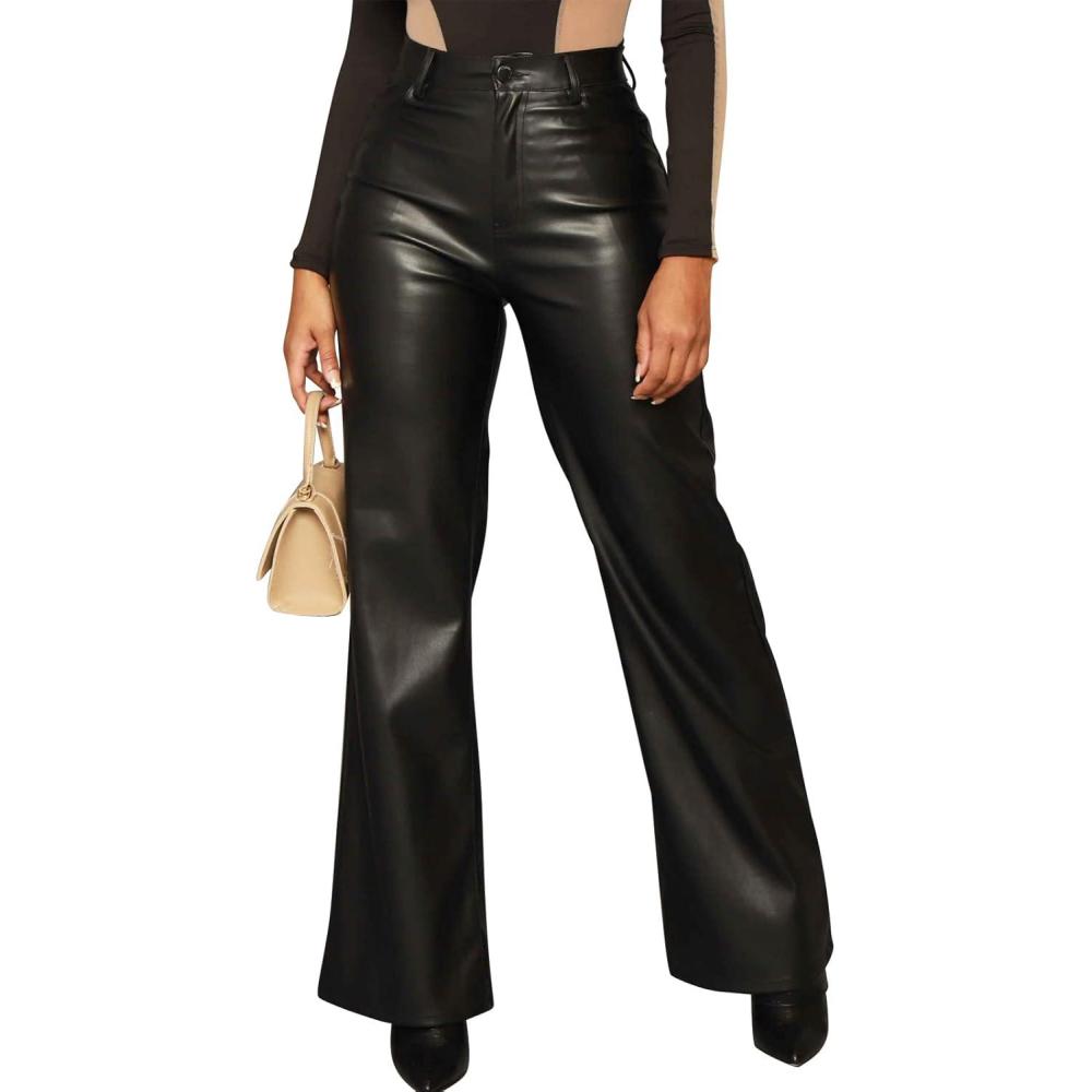 imagehibshaby Faux Leather Pants for Women High Waisted Straight Leg Long PantsStraight Black