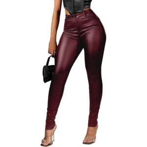 Avanova Women Faux Leather High Waist Sexy Leggings Stretchy Skinny Pants(Red)
