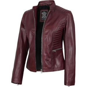 Decrum Leather Jacket Women – Casual Real Lambskin Womens Leather Jacket(N185 – Burgundy Leather Jacket Women)