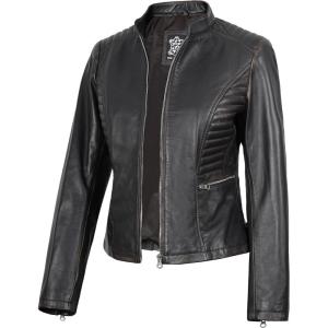 Decrum Leather Jacket Women – Casual Real Lambskin Womens Leather Jacket(N185 – Distressed Brown Leather Jacket Women)