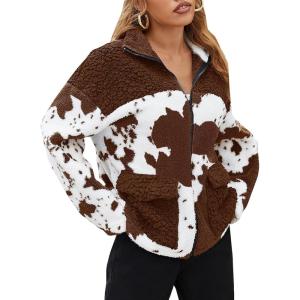 EARKOHA Womens 2026 Winter Coat Cow Print Fashion Zip Up Faux Fur Sherpa Jacket Warm Fleece Oversized Outwear with Pockets(Brown)