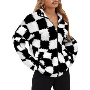 EARKOHA Womens 2026 Winter Coat Cow Print Fashion Zip Up Faux Fur Sherpa Jacket Warm Fleece Oversized Outwear with Pockets(Checkered Black)