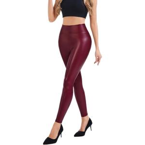 Faux Leather Leggings for Women Tummy Control Leather Pants High Waist Stretch PU Tights Slim Ankle Length(Wine)
