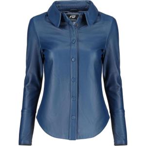 Jild Casual Shirt Leather Jacket Women – Long Sleeve Snap Button Down Soft Lambskin Leather Shacket Regular and Plus Size(Blue)
