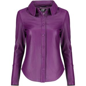 Jild Casual Shirt Leather Jacket Women – Long Sleeve Snap Button Down Soft Lambskin Leather Shacket Regular and Plus Size(Purple)