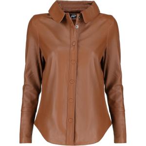 Jild Casual Shirt Leather Jacket Women – Long Sleeve Snap Button Down Soft Lambskin Leather Shacket Regular and Plus Size(Tan)