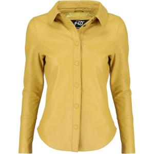 Jild Casual Shirt Leather Jacket Women – Long Sleeve Snap Button Down Soft Lambskin Leather Shacket Regular and Plus Size(Yellow)