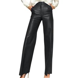 Leather Pants for Women Stretch Retro Faux Leather Pants with Pocket High Waisted Straight Leg Pleather Trousers(01#black)