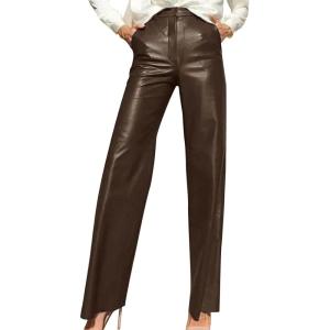 Leather Pants for Women Stretch Retro Faux Leather Pants with Pocket High Waisted Straight Leg Pleather Trousers(01#brown)