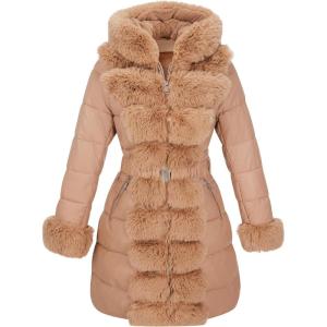 RISISSIDA Women Winter Fur Lined Coat,Puffer Jacket with Long Fur Trim Hooded,Warm Leather Bubble Overcoat Cold-resistant(Apricot)
