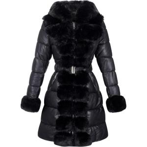 RISISSIDA Women Winter Fur Lined Coat,Puffer Jacket with Long Fur Trim Hooded,Warm Leather Bubble Overcoat Cold-resistant(Black)