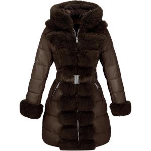 RISISSIDA Women Winter Fur Lined Coat,Puffer Jacket with Long Fur Trim Hooded,Warm Leather Bubble Overcoat Cold-resistant(Brown)