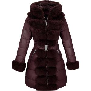 RISISSIDA Women Winter Fur Lined Coat,Puffer Jacket with Long Fur Trim Hooded,Warm Leather Bubble Overcoat Cold-resistant(Burgundy Wine)