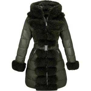 RISISSIDA Women Winter Fur Lined Coat,Puffer Jacket with Long Fur Trim Hooded,Warm Leather Bubble Overcoat Cold-resistant(Green)