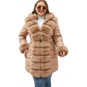 RISISSIDA Women Winter Fur Lined Coat,Puffer Jacket with Long Fur Trim Hooded,Warm Leather Bubble Overcoat Cold-resistant(Plus Size Oversized-apricot)
